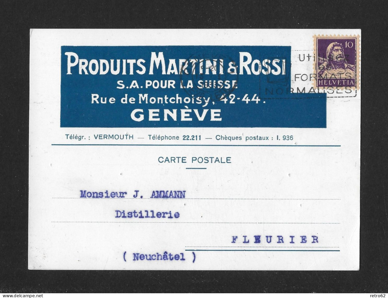 1933 PRIVATE POSTKARTE ► Postkarte Mit Zudruck "Produits Martini & Rossi Genève" Nach Fleurier - Brieven En Documenten