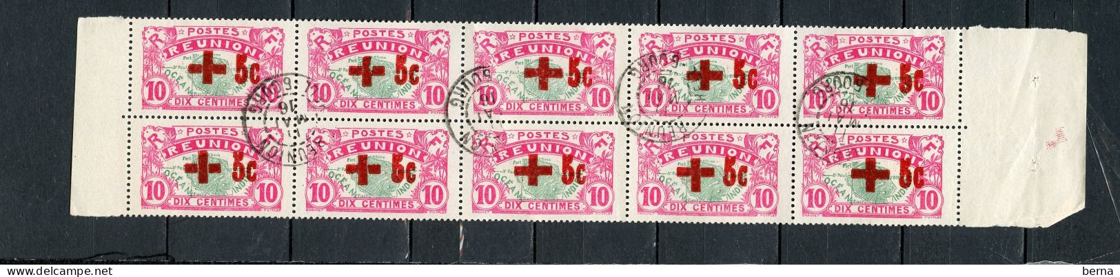 REUNION  81 CROIX ROUGE BLOC DE 10 OBL HELLBOURG VARIETES SUR CROIX - Used Stamps