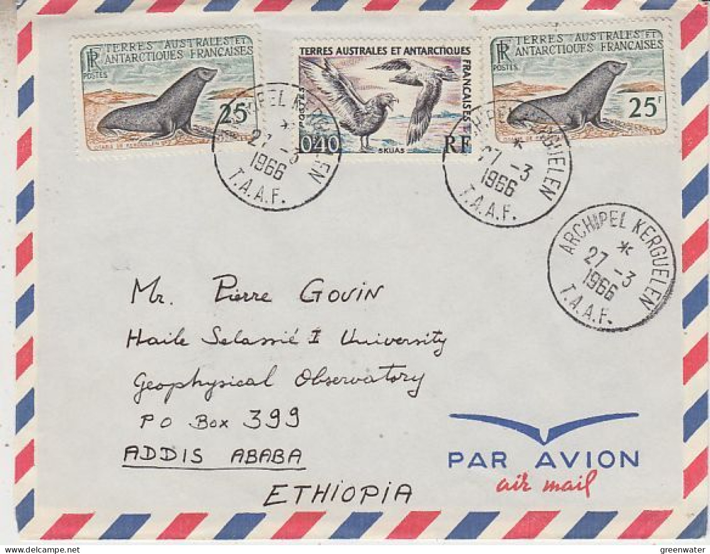 TAAF 1966 Cover With 2x Mi 21 Ca Archipel Kerguelen 27.3.1966 (59852) - Lettres & Documents