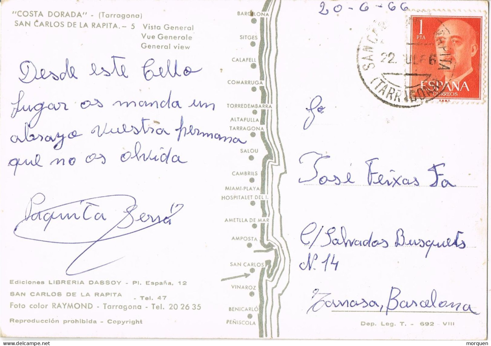 55125. Postal SAN CARLOS De La RAPITA (Tarragona) 1966. Costa Dorada, Vista De San Carlos De La Rapita - Briefe U. Dokumente