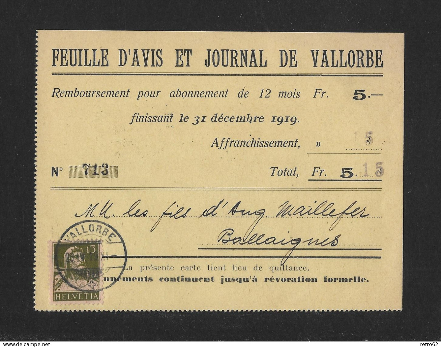 1919 REMBOURSEMENT ► Feuille D'Avis Et Journal De Vallorbe" Von Vallorbe Nach Ballaigues - Cartas & Documentos