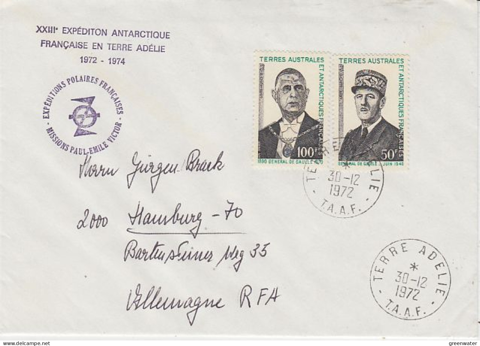TAAF 1972 Charles De Gaulle 2v On Cover  Ca Terre Adelie 30.12.1972 (59853) - Lettres & Documents