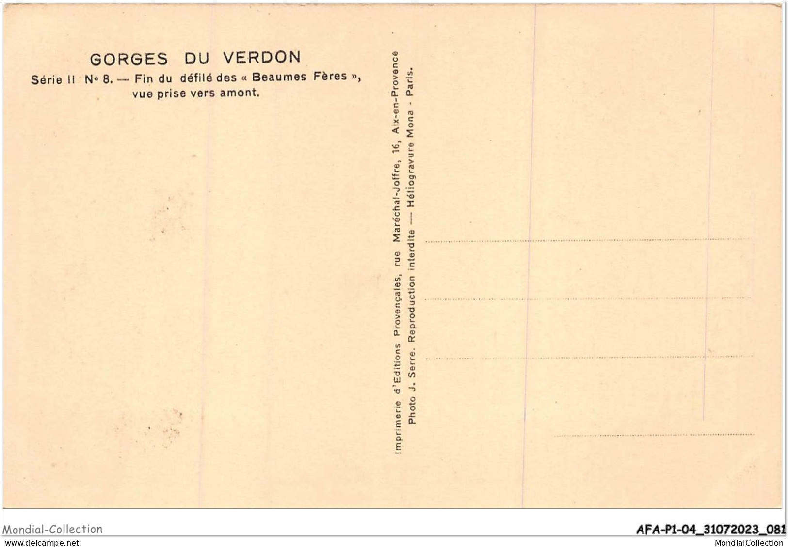 AFAP1-04-0041 - GORGES DU VERDON - Fin Du Défilé Des Beaumes Fères - Vue Prise Vers Amont - Autres & Non Classés