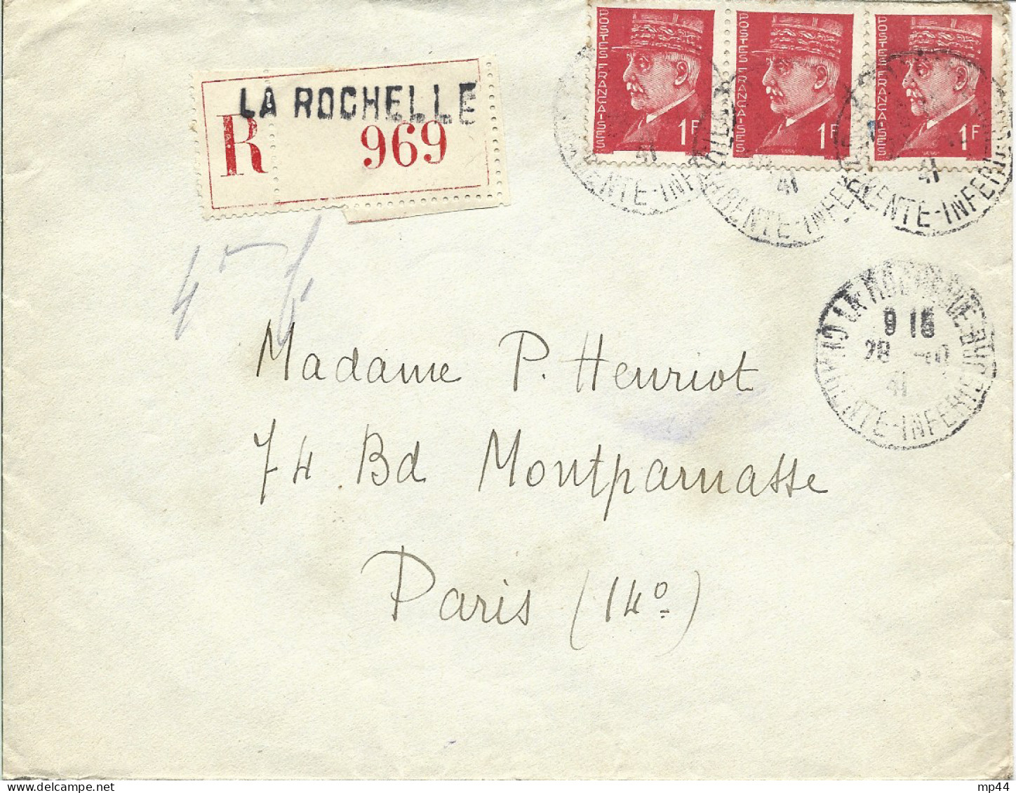 1A3 --- 17 LA ROCHELLE Recommandé 1f Pétain X 3 - 1921-1960: Période Moderne