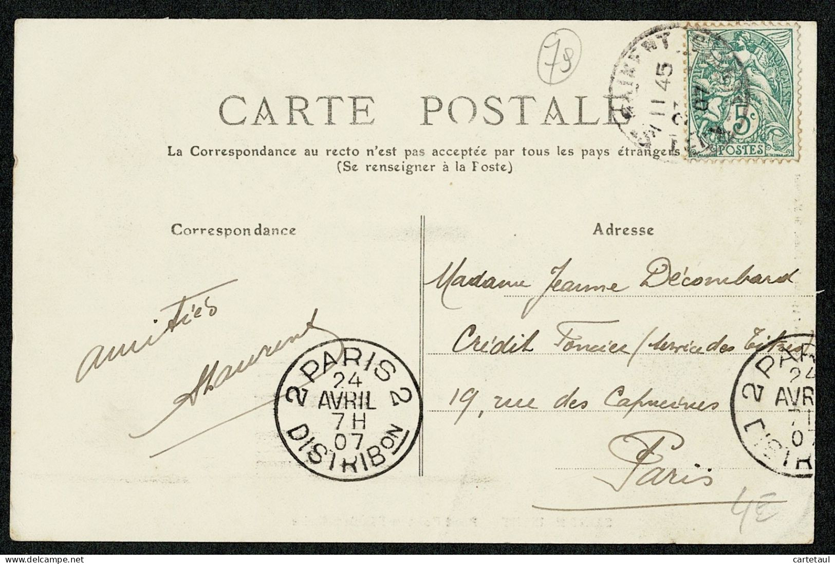 1907 PARIS Sur CP De Saint-Maixant En Arrivée KRAG Sans Lignes   2 PARIS 2 / DISTRIBUTION 24 AVRIL 07 TB - Oblitérations Mécaniques (Autres)