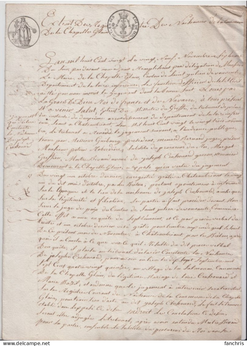 1820- Confirmation Par Le Tribunal De Chateaubriand Du Lieu , De La Date De Nais. Et De La Filiation De Joseph Cossouard - Manuscrits