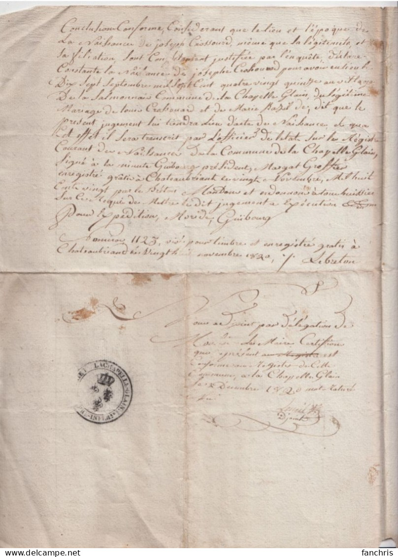 1820- Confirmation Par Le Tribunal De Chateaubriand Du Lieu , De La Date De Nais. Et De La Filiation De Joseph Cossouard - Manuskripte
