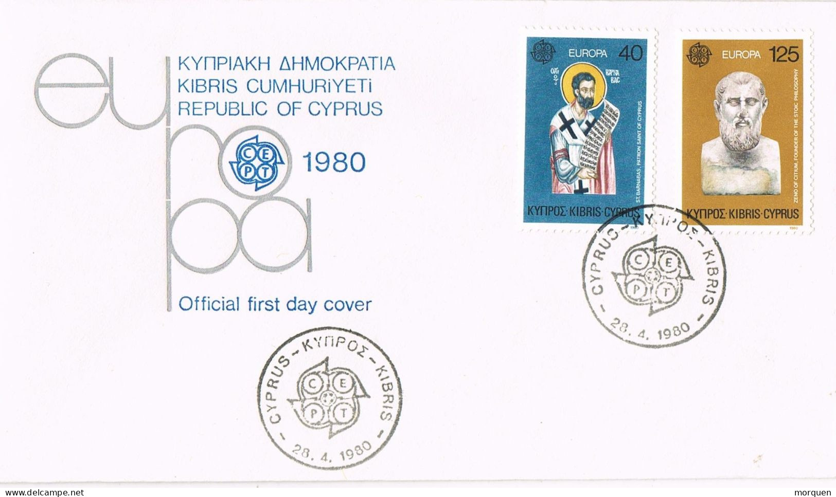 55130. Carta F.D.C. CHIPRE 1980. Tema EUROPA. Sellos Zenon Y St. Barnabas - Lettres & Documents