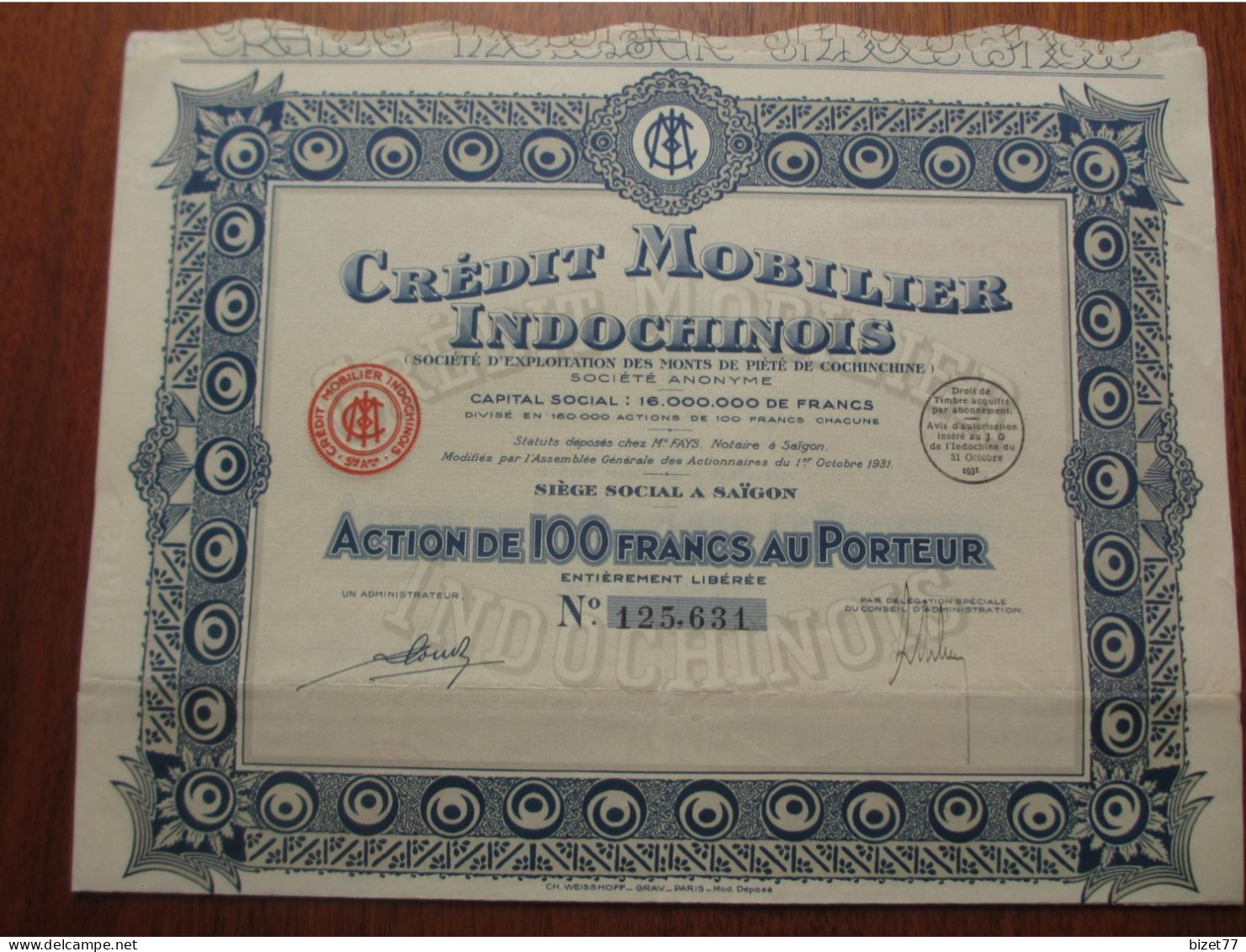 INDOCHINE - SAIGON 1931 - 2 TITRES - CREDIT MOBILIER INDOCHINOIS - ACTION DE 100 FRS - - Autres & Non Classés
