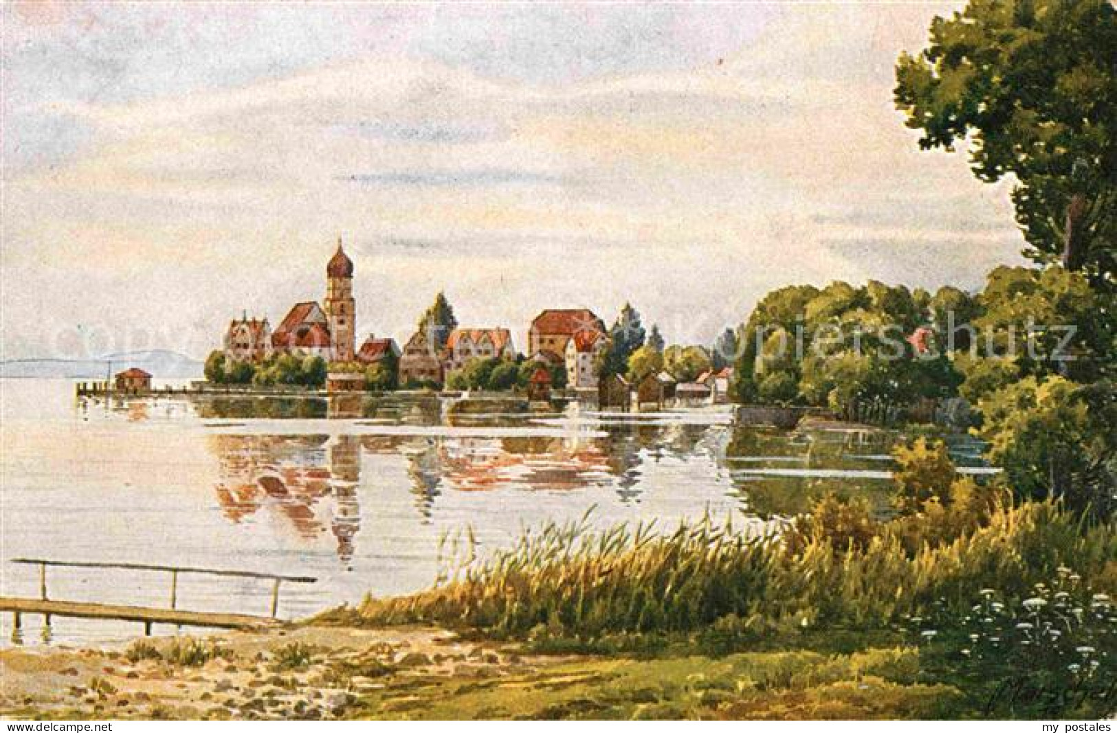 72634166 Wasserburg Bodensee Teilansicht Zeichnung Wasserburg (Bodensee) - Wasserburg A. Bodensee