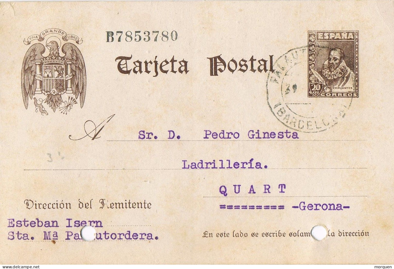 55132. Entero Postal PALAUTORDERA (Barcelona)  1942. Cervantes Sin Pie Imprenta. Tampon Comercial Albañileria - 1931-....