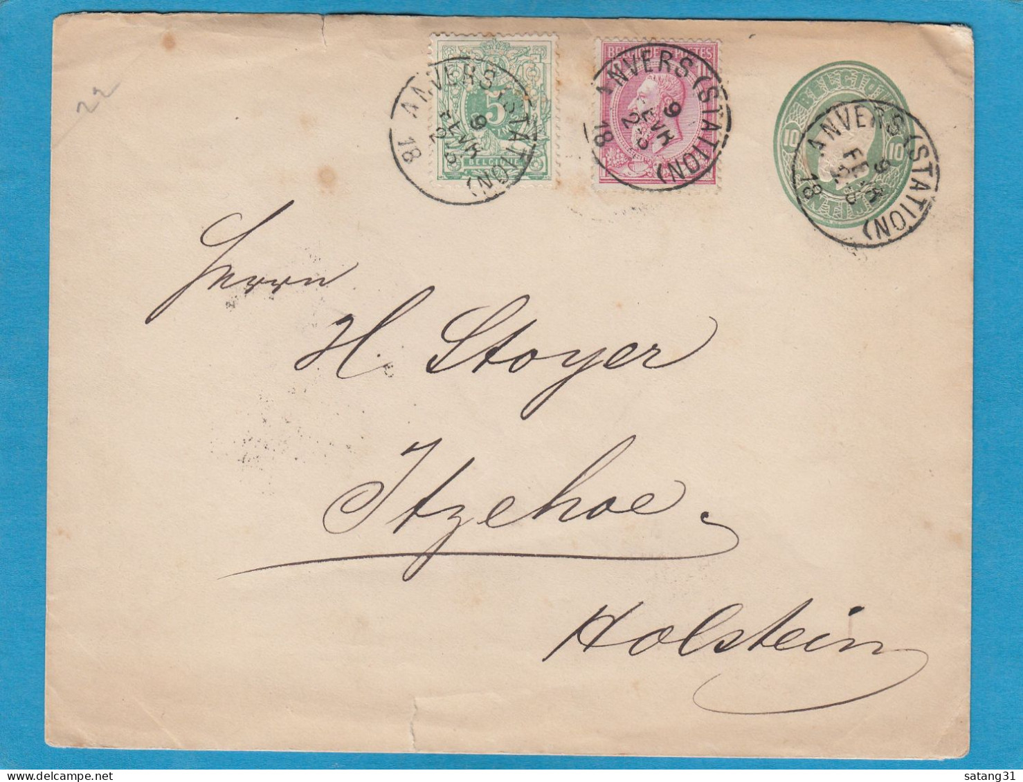 ENTIER POSTAL AVEC AFFRANCHISSEMENT COMPLEMENTAIRE D'ANVERS POUR ITZEHOE,1889. - Cartes Postales 1951-..
