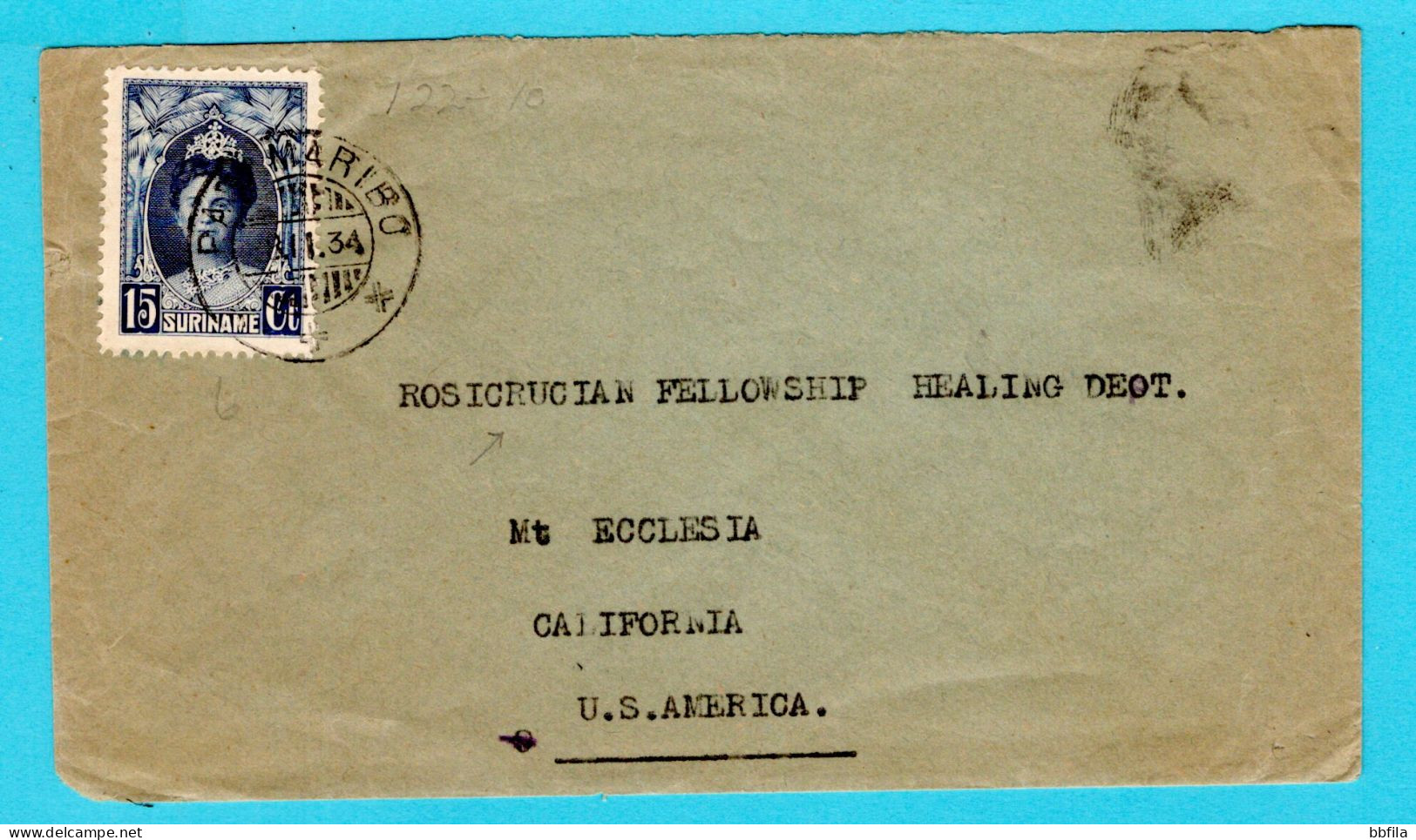 SURINAME Brief 1934 Paramaribo Naar Rosicrusian Fellowship In Mt Ecclesia, USA - Suriname ... - 1975