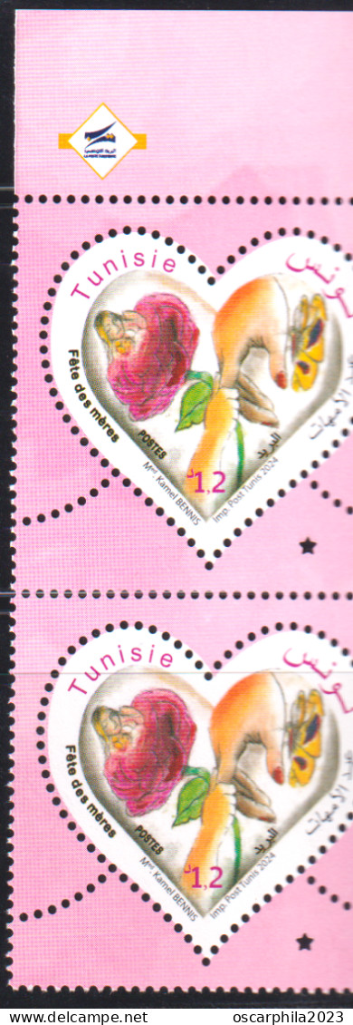 2024-Tunisie- Fête Des Mères -Femme- Enfant- Rose- Papillon- Mains- En Paire 2v   -.MNH****** - Butterflies