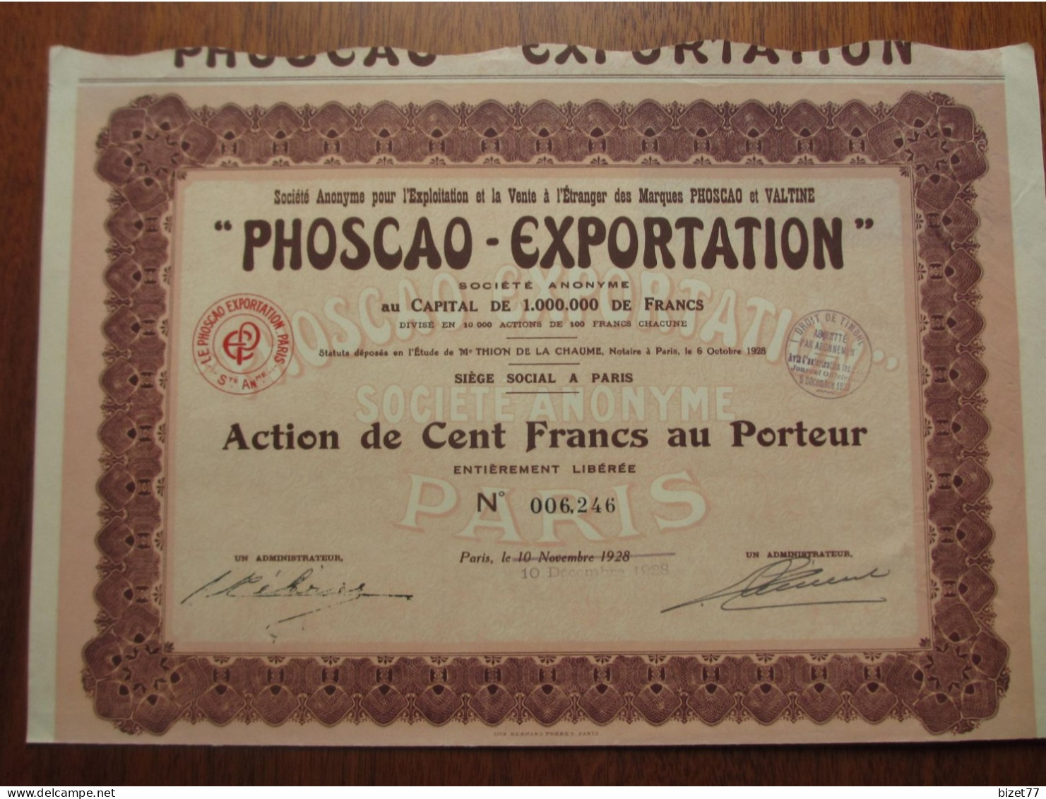 FRANCE - PARIS 1928 - PHOSCAO-EXPORTATION , ACTION DE 100 FRS - PEU COURANT - Other & Unclassified