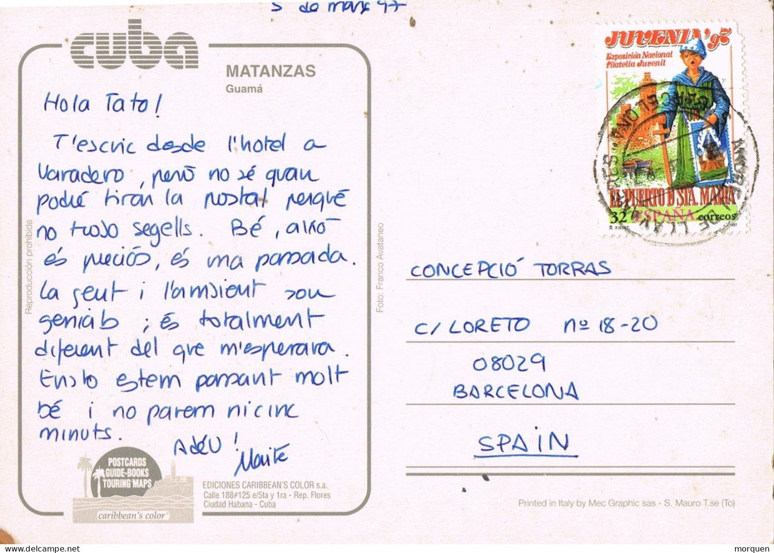 55134. Postal SANT ANDREU De LLAVANERAS /Barcelona) 1997. Vista De MATANZAS En Cuba - Briefe U. Dokumente