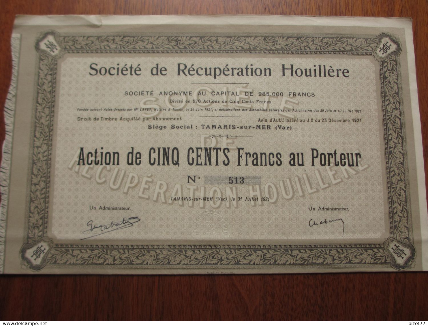 FRANCE - 83 - VAR - TAMARIS-MER- 1921 , STE DE RECUPERATION HOUILLERE - ACTION DE 500 FRS - PEU COURANT - Autres & Non Classés