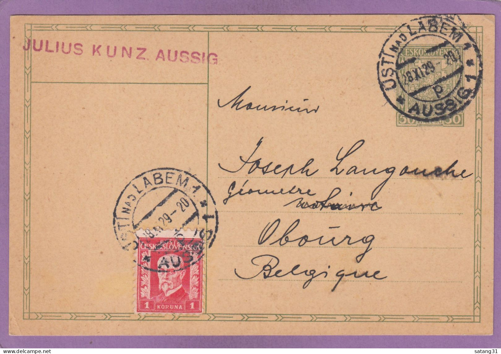 GANZSACHE MIT ZUSATZFRANKATUR AUS AUSSIG/UST NAD LABEM NACH OBOURG,BELGIEN,1929. - Cartes Postales