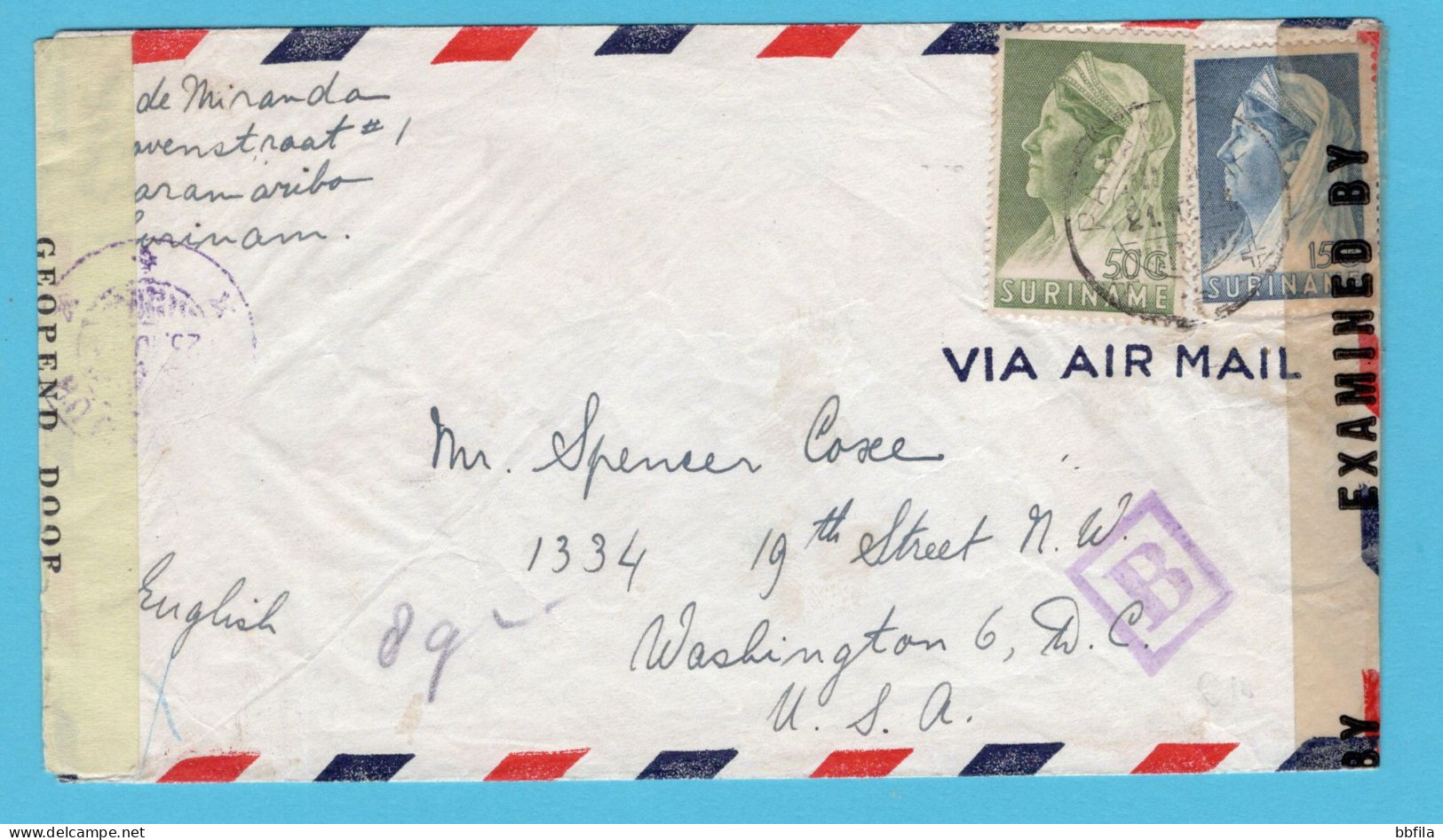 SURINAME Censuur Luchtpost Brief 1944 Paramaribo Naar Washington, USA - Suriname ... - 1975