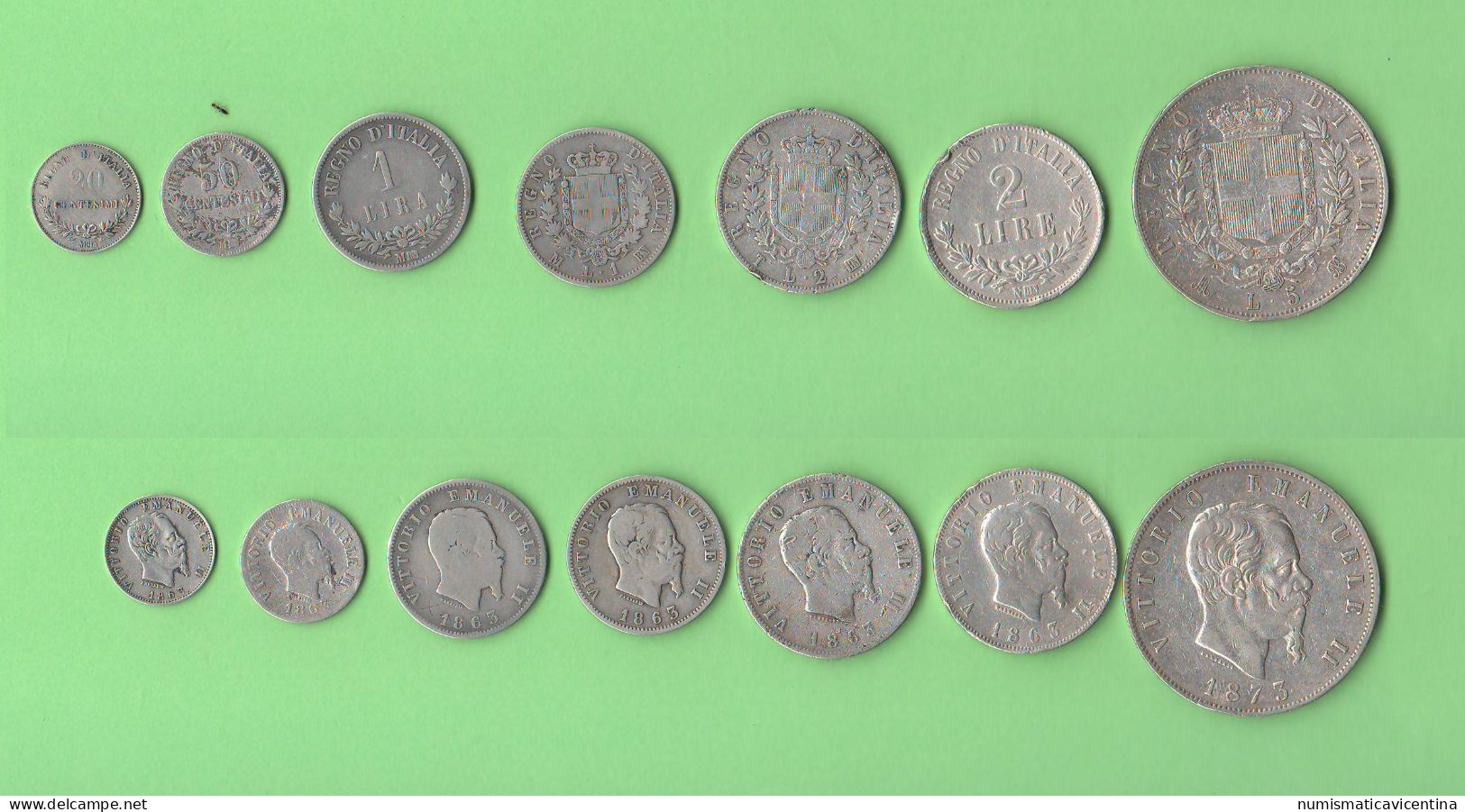 Italia Regno 20 + 50 Centesimi + 1 + 1 + 2 + 2 + 5 Lire V. Emanuele II Stemma E Valore Silver  Italy Italie - 1861-1878 : Victor Emmanuel II