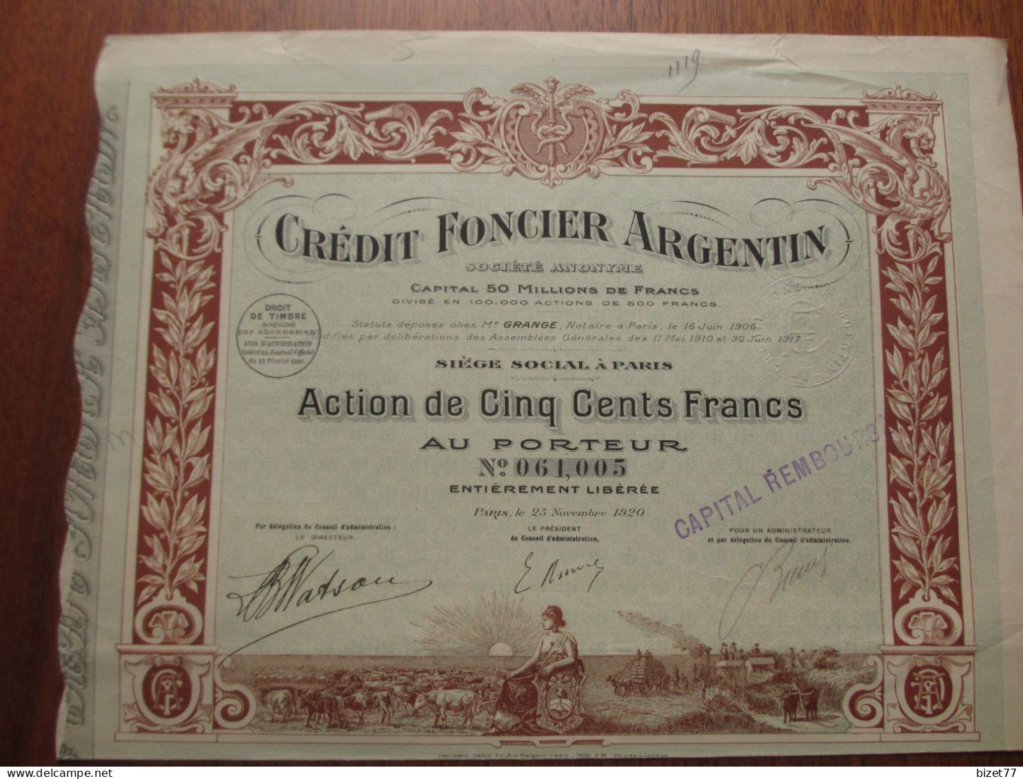 FRANCE-ARGENTINE , PARIS 1920 - CREDIT FONCIER ARGENTIN - ACTION DE 500 FRS - DECO - Other & Unclassified