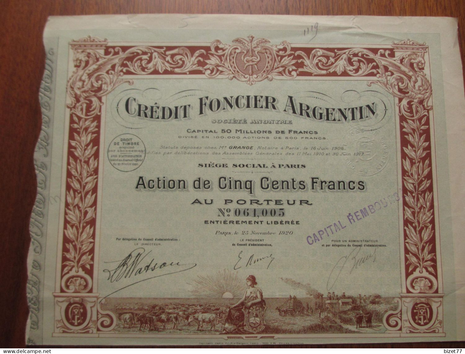 FRANCE-ARGENTINE , PARIS 1920 - CREDIT FONCIER ARGENTIN - ACTION DE 500 FRS - DECO - Otros & Sin Clasificación