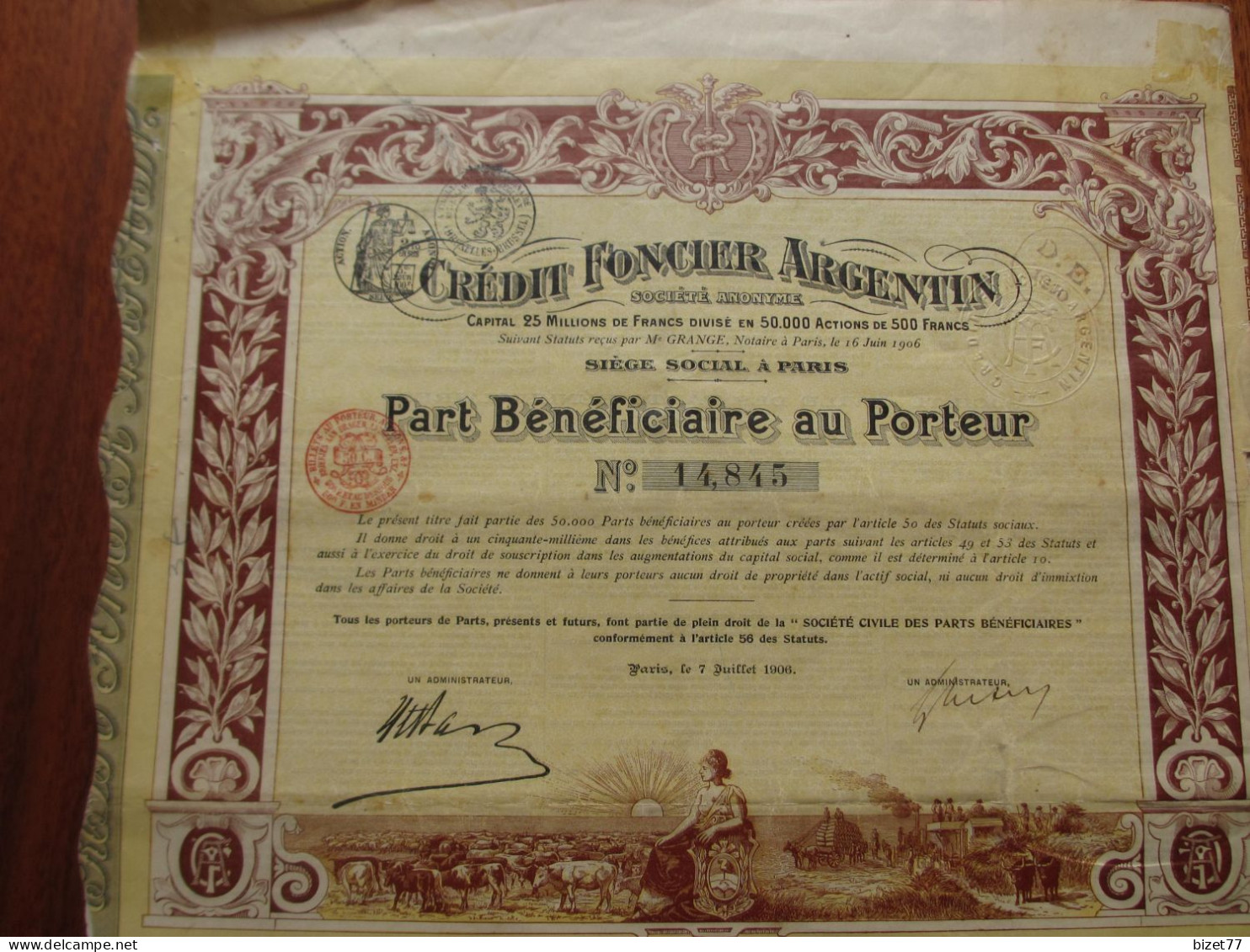 FRANCE-ARGENTINE , PARIS 1906 - CREDIT FONCIER ARGENTIN - PART BENFICIAIRE - DECO - Andere & Zonder Classificatie