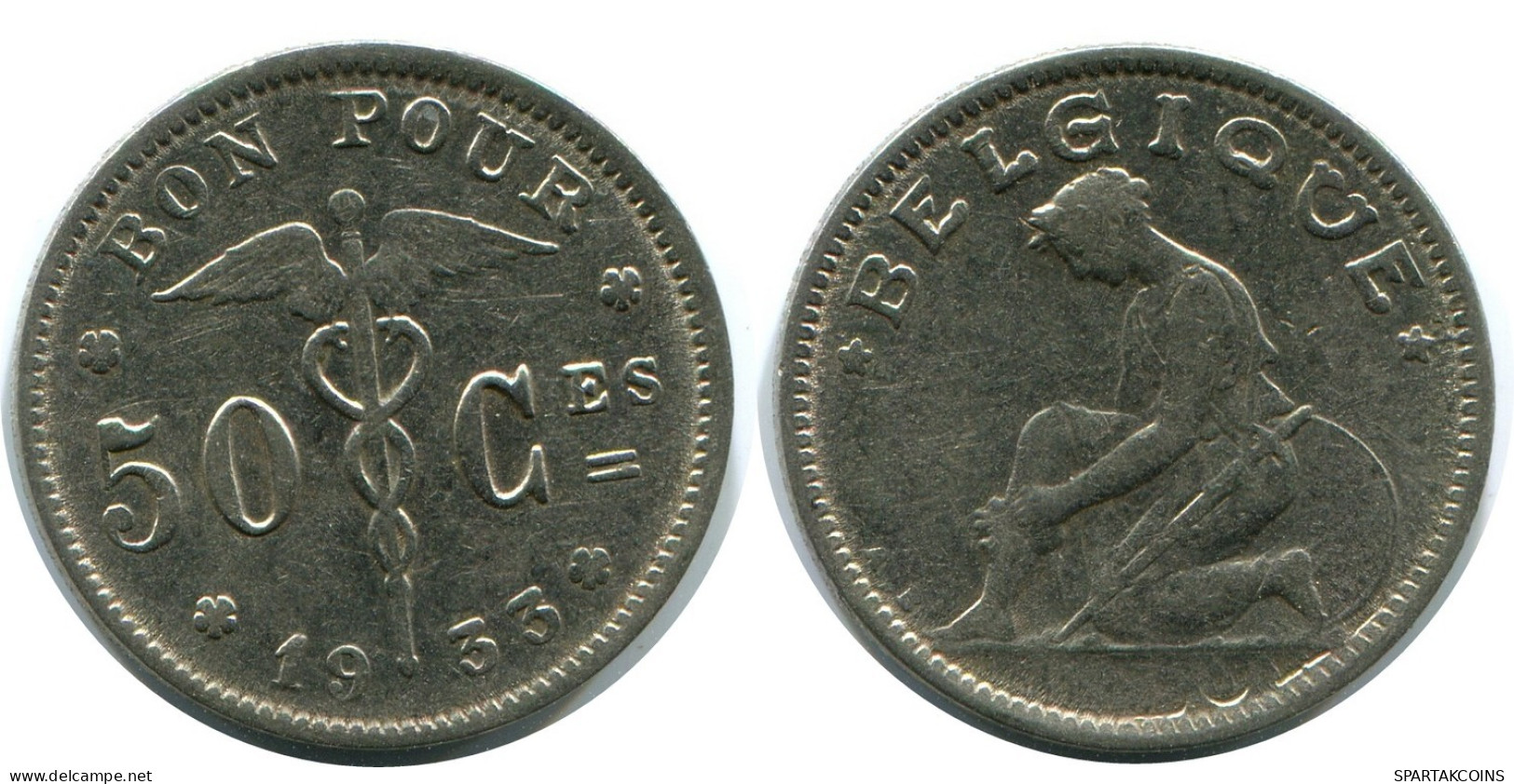 50 CENTIMES 1933 FRENCH Text BELGIQUE BELGIUM Pièce #AZ134.1.F.A - 50 Cent