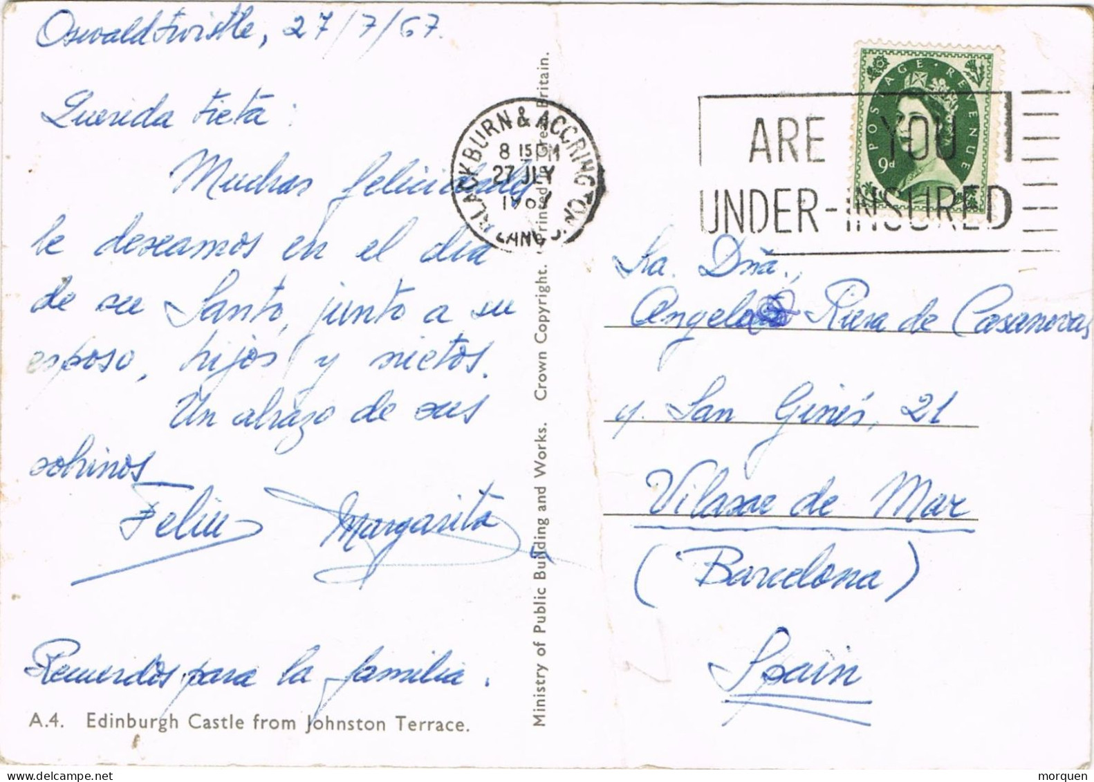 55136. Postal OSWALDTWISTLE (Lanc) England 1967. Fechador BLACKBURN. Edinburgh Castle - Lettres & Documents