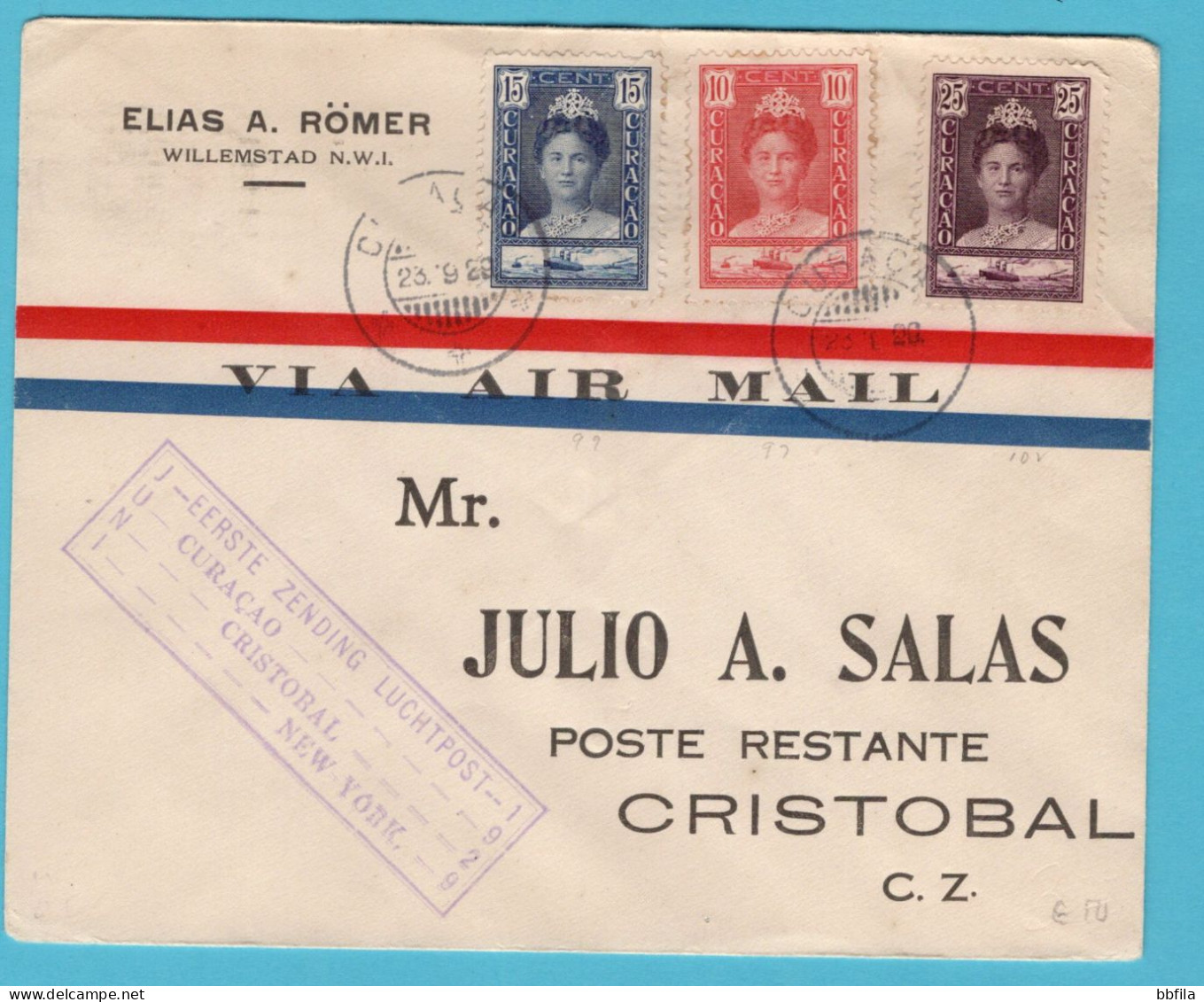 CURAÇAO Luchtpost Brief 1929 Curaçao Per 1e Vlucht Naar Cristobal, Canal Zone - Niederländische Antillen, Curaçao, Aruba