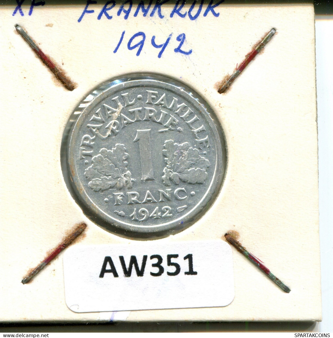 1 FRANC 1942 (Heavy Type) FRANKREICH FRANCE Französisch Münze #AW351.D.A - 1 Franc