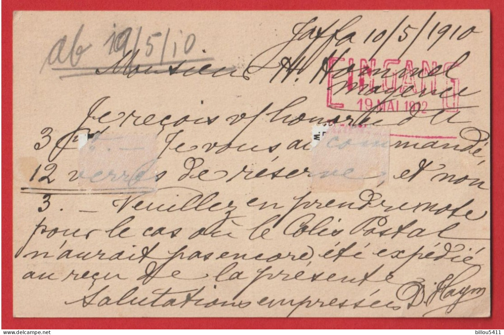Levant Autriche 10 Centimes Ganzsache Aus Jaffa über Alexandrien An Mayence ; Du 10 / 05 / 1910  CINGANG  19 / 05 / 1912 - Other & Unclassified