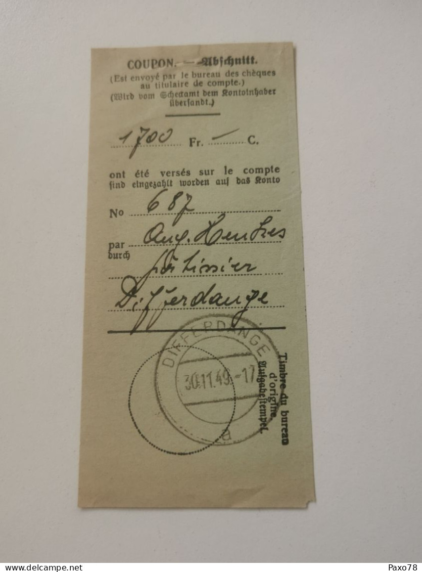 Coupon, Oblitéré Differdange 1949 - Lettres & Documents