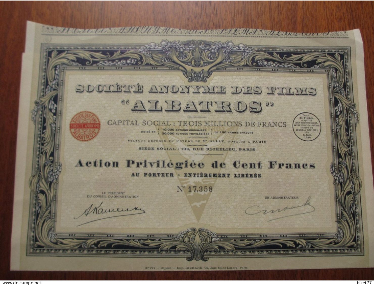 FRANCE - PARIS 1924 - CINEMA - STE DES FILMS "ALBATROS" - ACTION PRIVILEGIEE DE 100 FRS - Andere & Zonder Classificatie