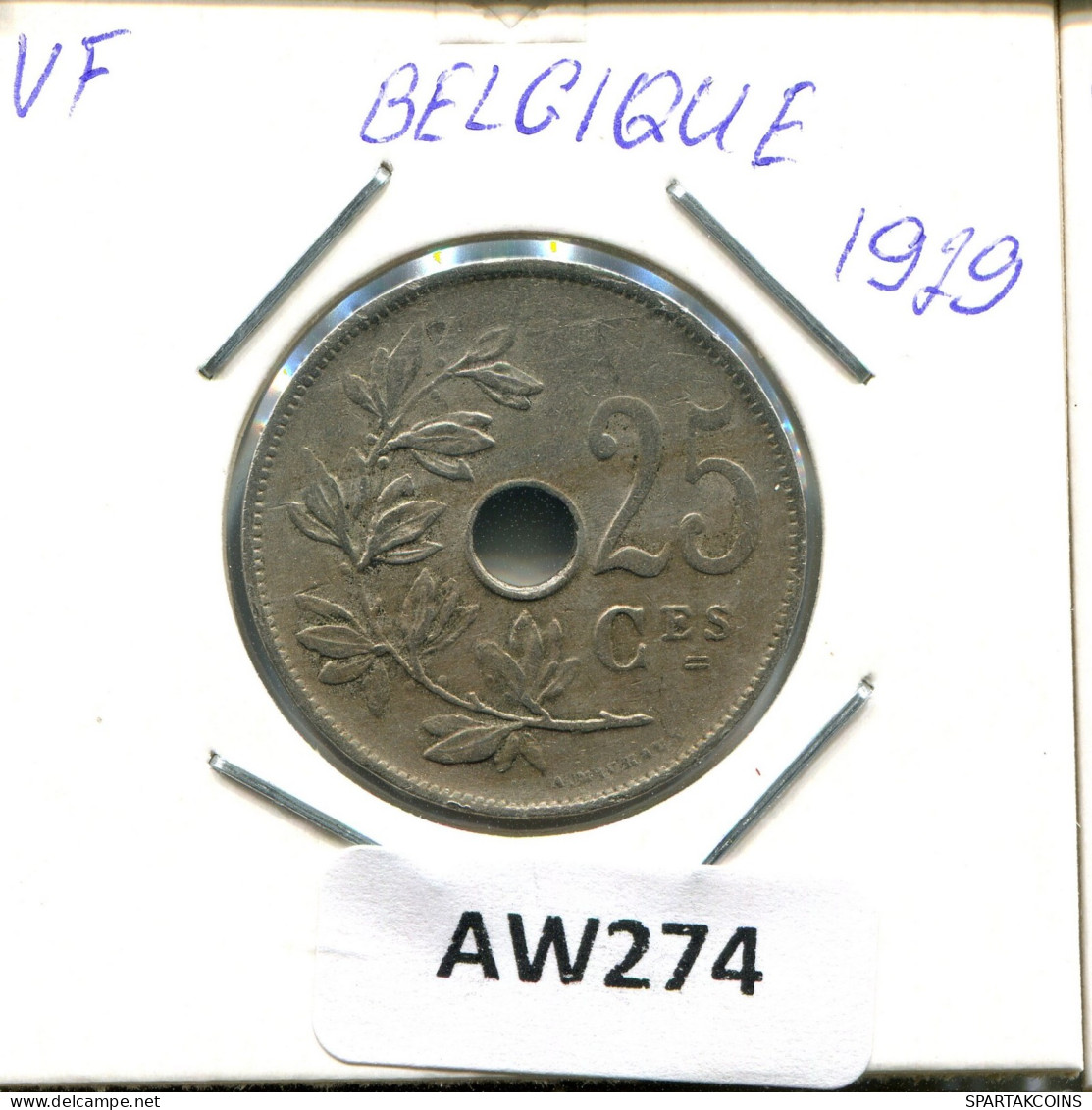 25 CENTIMES 1929 FRENCH Text BÉLGICA BELGIUM Moneda #AW274.E.A - 25 Cent