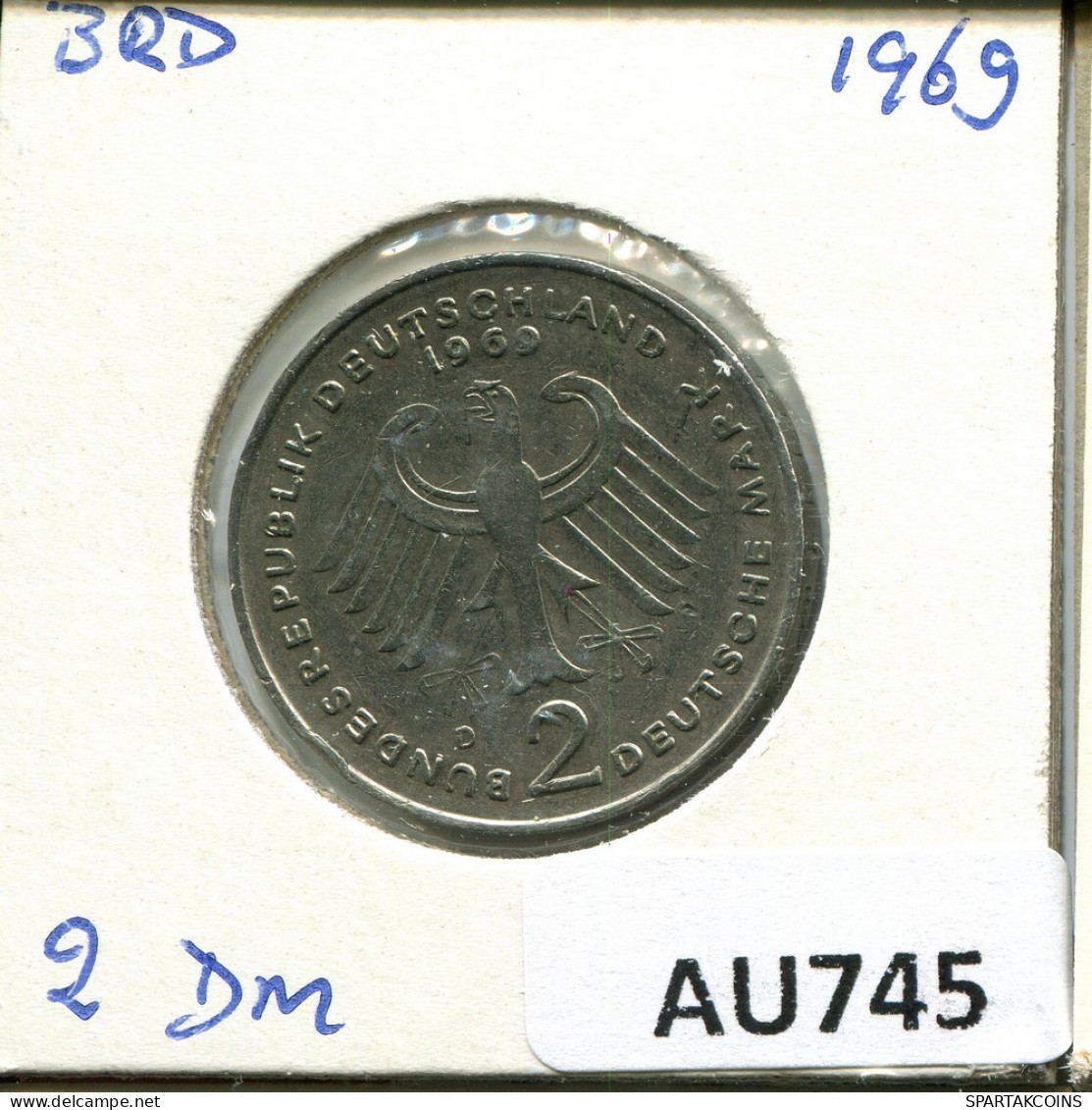 2 DM 1969 D K.ADENAUER ALEMANIA Moneda GERMANY #AU745.E.A - 2 Mark