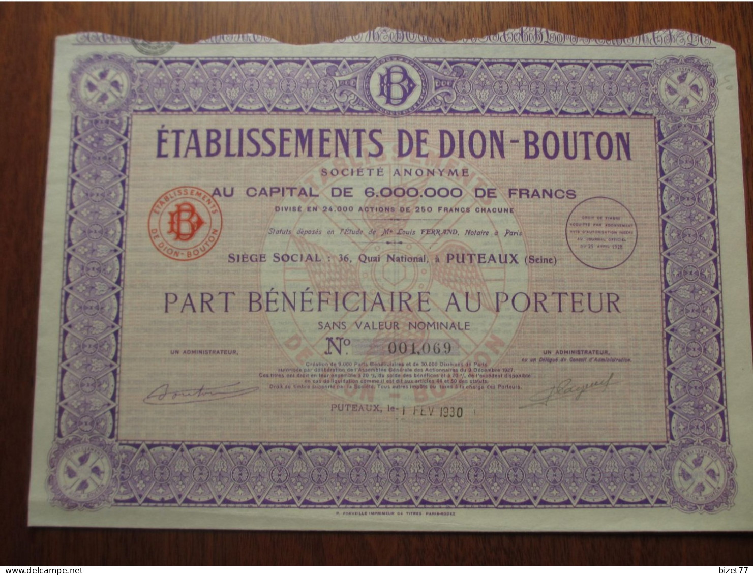FRANCE - 92 - HTE DE SEINE - PUTEAUX 1930 - AUTOMOBILE - ETS. DE DION-BOUTON , PART BENEFICIAIRE - Andere & Zonder Classificatie