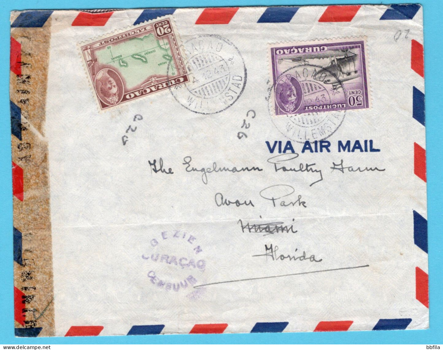 CURAÇAO Luchtpost Censuur Brief 1943 Curaçao Naar Miami, USA - Curacao, Netherlands Antilles, Aruba