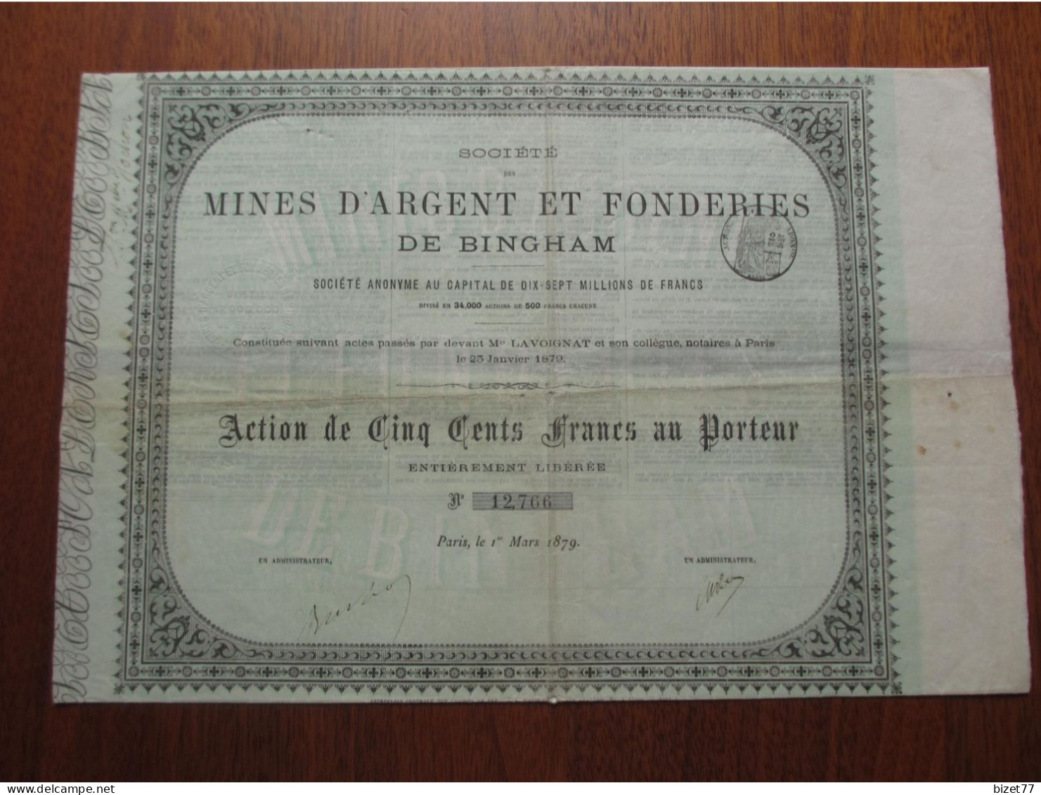 USA - UTATH - MINES D'ARGENT ET FONDERIES DE BINGHAM - ACTION DE 500 FRS - PARIS 1879 - Sonstige & Ohne Zuordnung