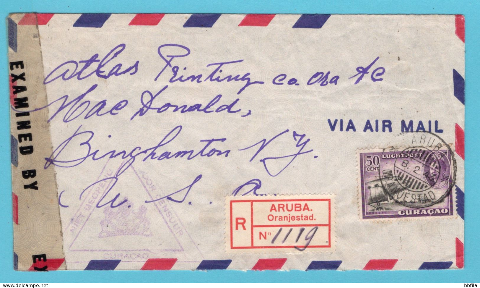 CURAÇAO Luchtpost Censuur R Brief 1943 Aruba Naar Binghamton, USA - Curacao, Netherlands Antilles, Aruba