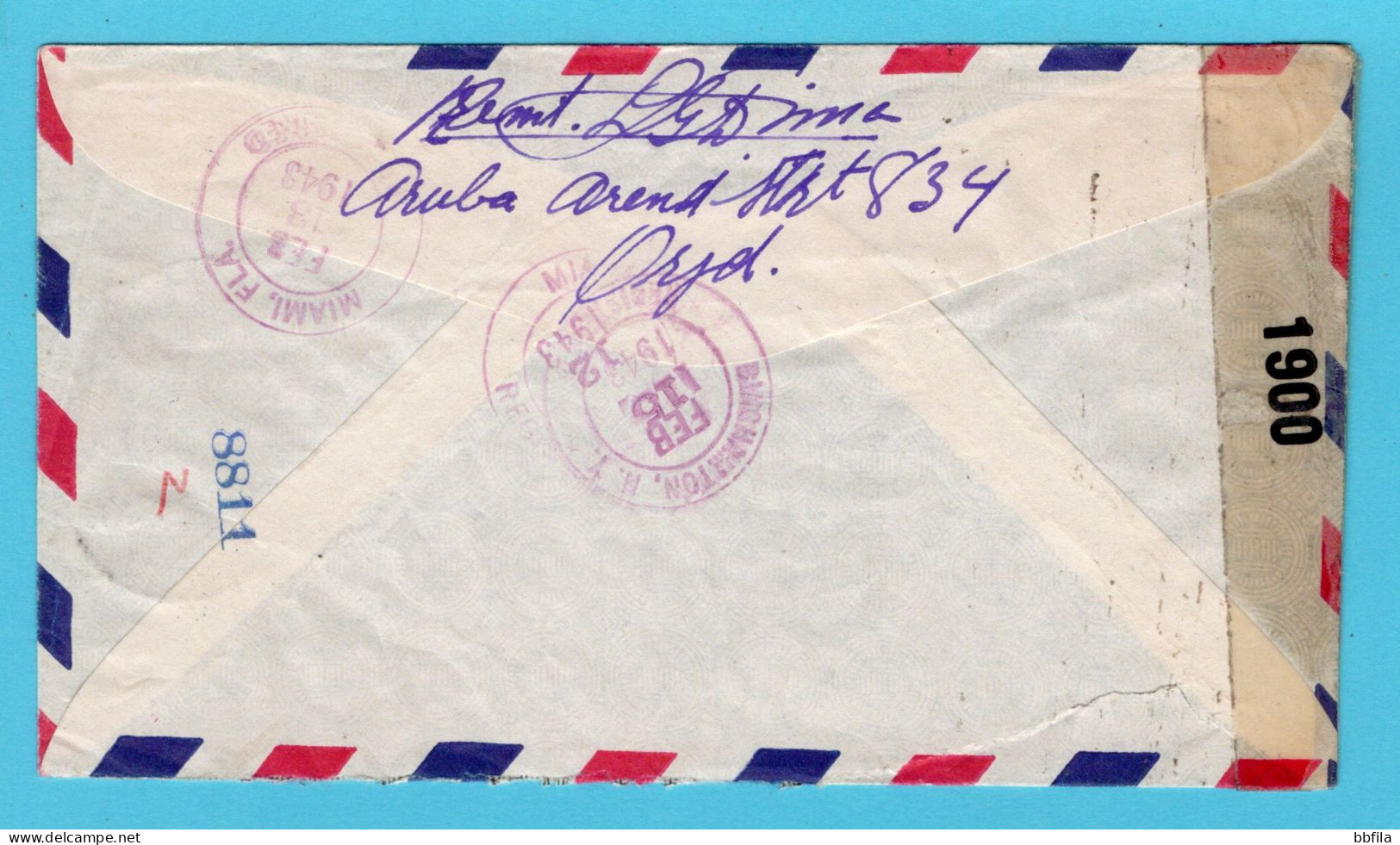 CURAÇAO Luchtpost Censuur R Brief 1943 Aruba Naar Binghamton, USA - Curaçao, Antilles Neérlandaises, Aruba
