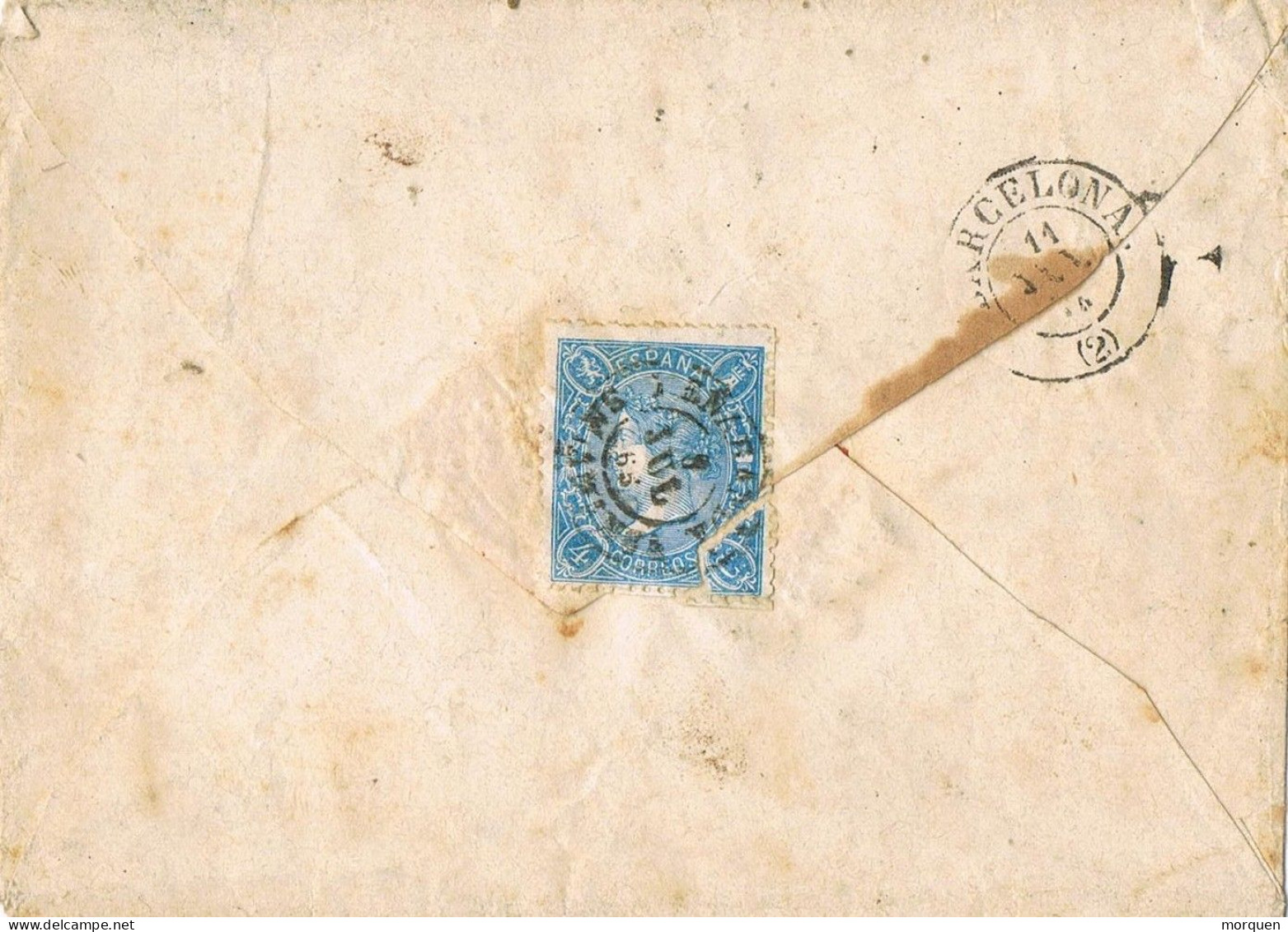 55138. Carta PEÑARANDA (Salamanca) 1865 A Barcelona. Franqueo Cierre Al Dorso. Solo Es Sobre Completo - Lettres & Documents