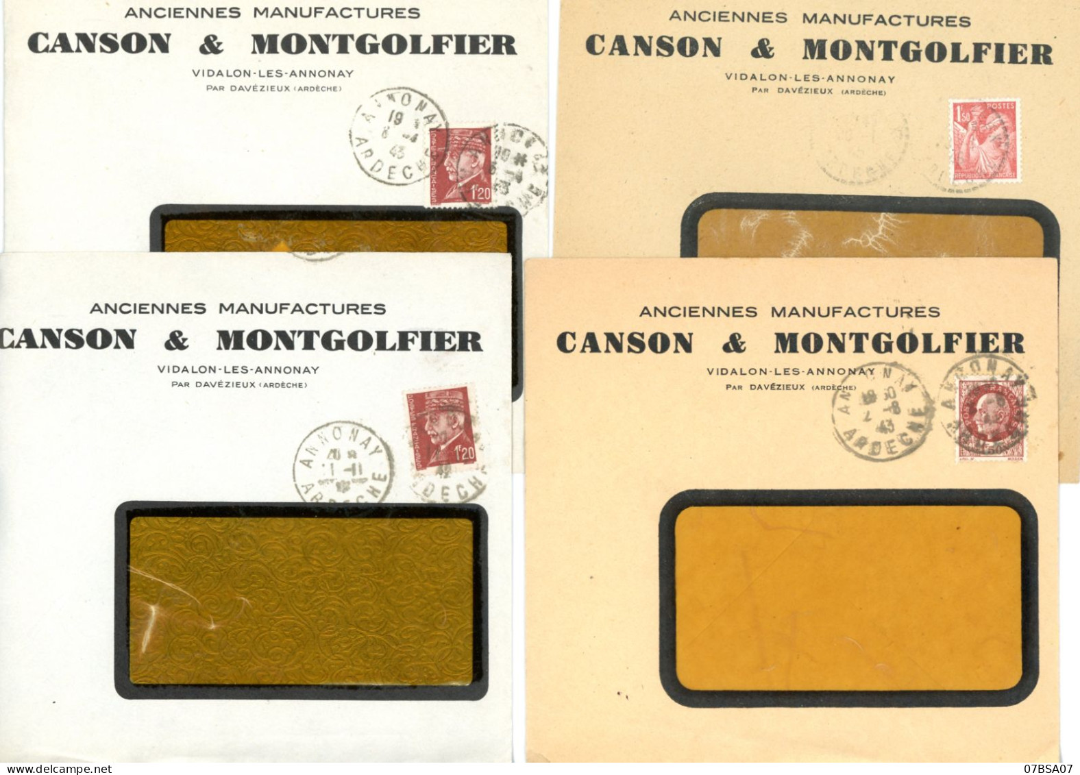 CANSON MONGOLFIER ARDECHE ENV 1942 / 1945 LOT DE 4 X ENVELOPPE ENTETE CANSON ET MONTGOLFIER VIDALON LES ANNONAY - Historische Dokumente