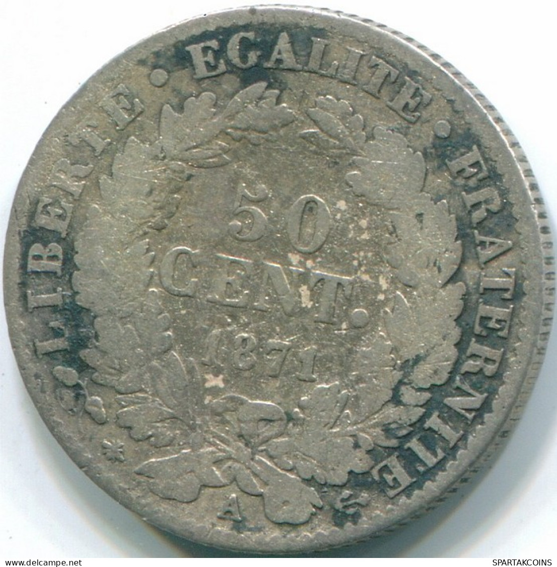 50 CENTIMES 1871 A FRANCE Coin Silver F/VF #FR1182.17.U.A - 50 Centimes