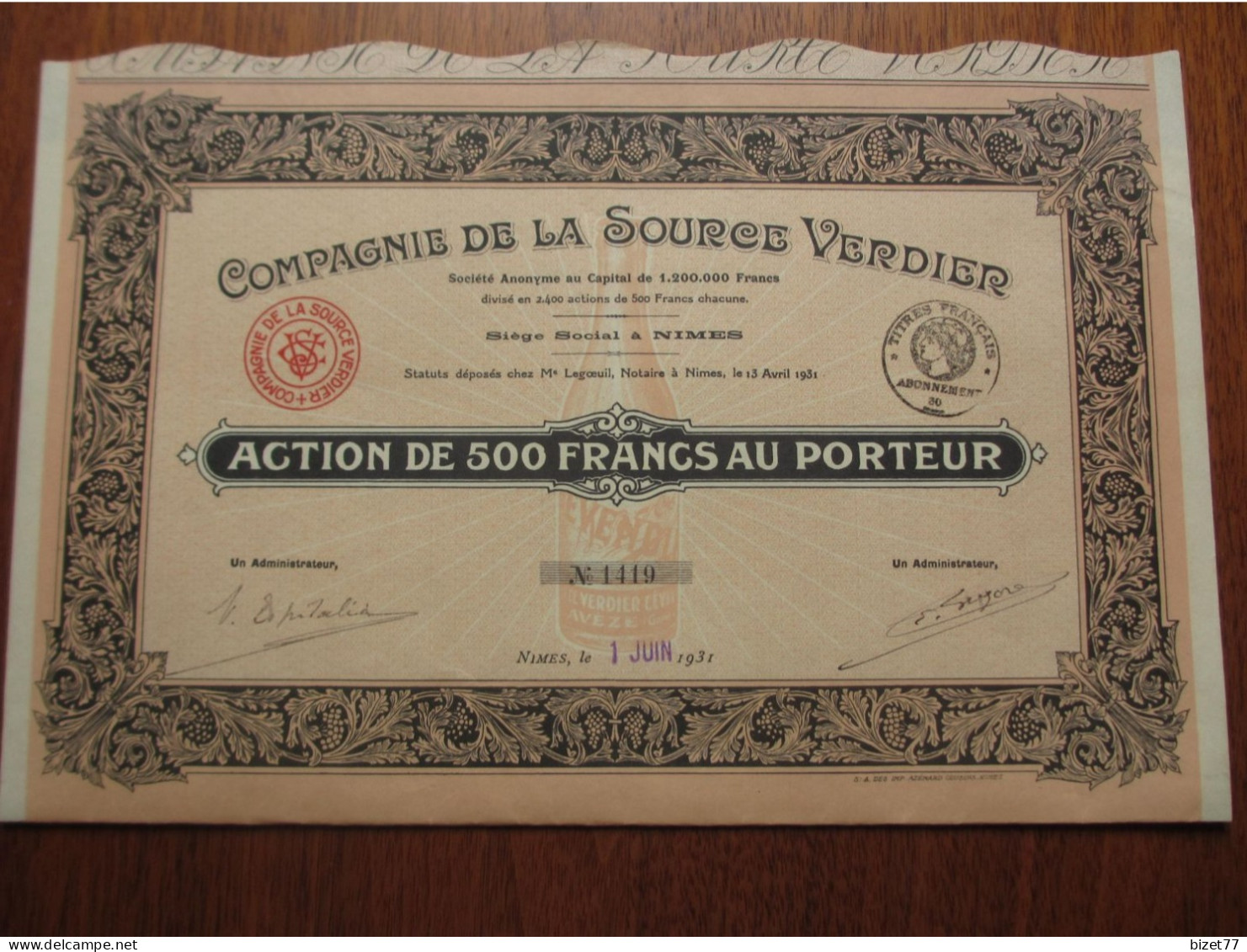 FRANCE - 30 - GARD - NIMES 1931 - Cie DE LA SOURCE VERDIER - ACTIO DE 500 FRS - PEU COURANT - Other & Unclassified