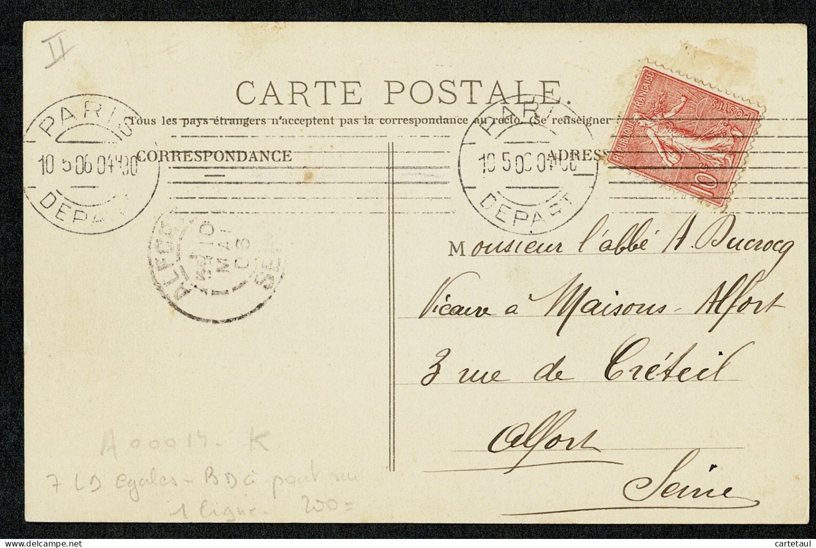 !! PARIS 1906 Sur CP  Oblit. KRAG à Pont 7 Lignes Régulières PARIS DEPART 10 5 06 Càd Arrivée 10 Mai 06 Alfort TTB - Oblitérations Mécaniques (Autres)