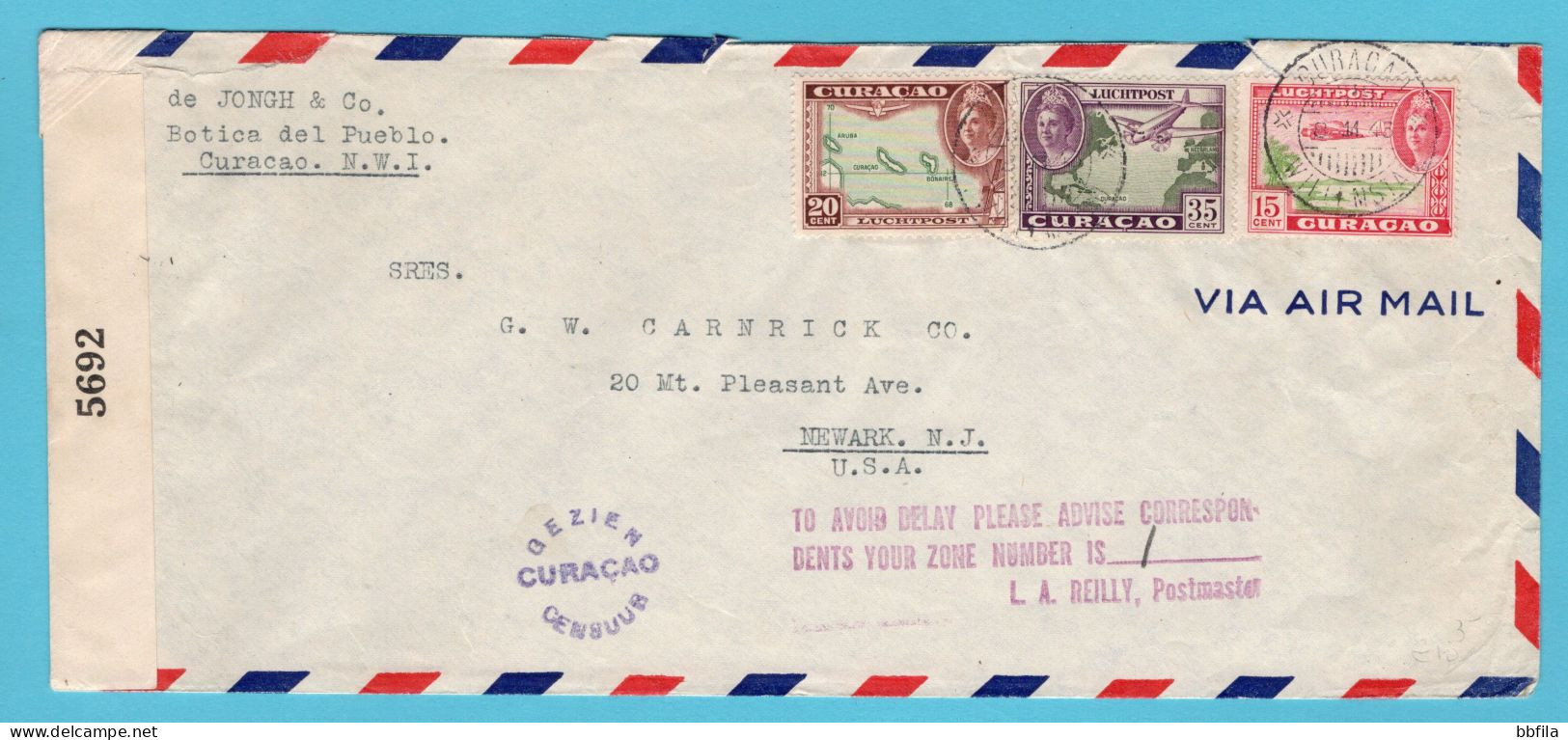 CURAÇAO Luchtpost Censuur Brief 1943 Curaçao Naar Newark, USA - Niederländische Antillen, Curaçao, Aruba