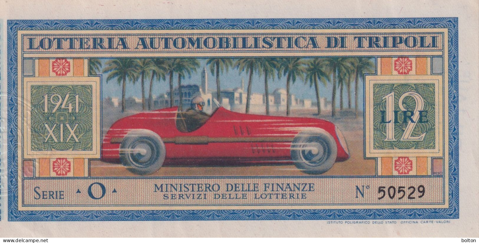 1941  Biglietto Della Lotteria AUTOMOBILISTICA DI TRIPOLI In Perfette Condizioni - Cars