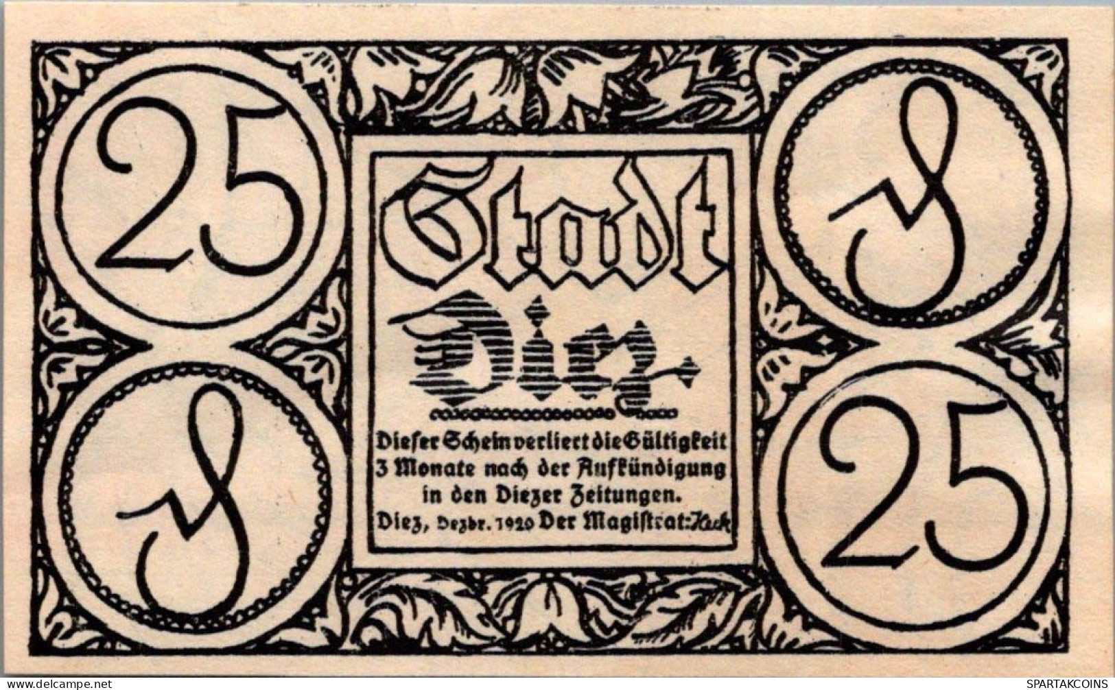 25 PFENNIG 1920 Stadt DIEZ Hesse-Nassau DEUTSCHLAND Notgeld Banknote #PF979 - Lokale Ausgaben