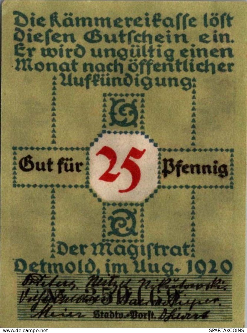 25 PFENNIG 1920 Stadt DETMOLD Lippe UNC DEUTSCHLAND Notgeld Banknote #PH829 - [11] Emissioni Locali